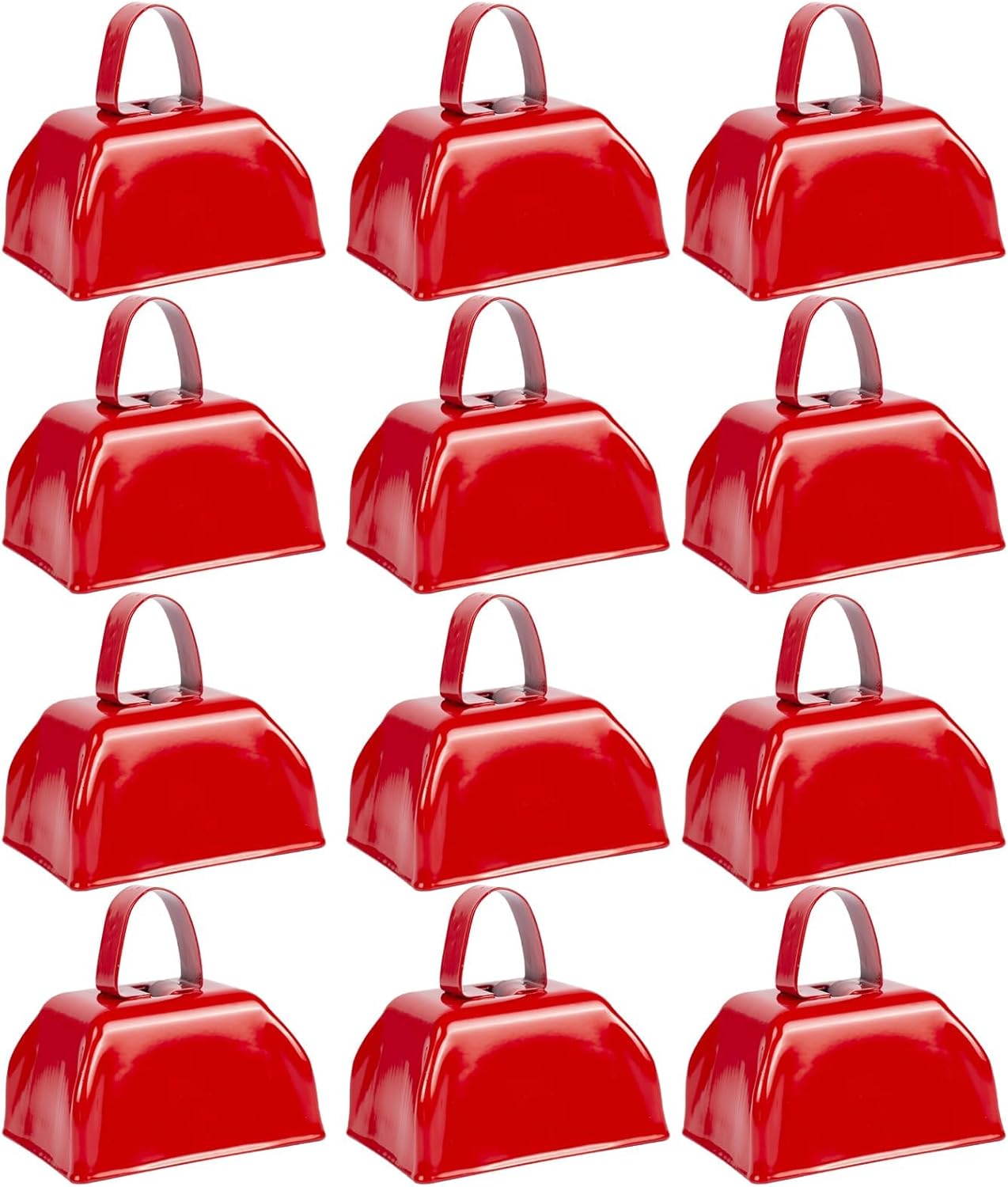 Cow Bells Noise Makers Red Cheering Bell for Sporting Events: 12 Pcs Metal Cowbells with Handle - Small Loud Bell Bulk Hand Percussion for Football Games Graduation Weddings-Red