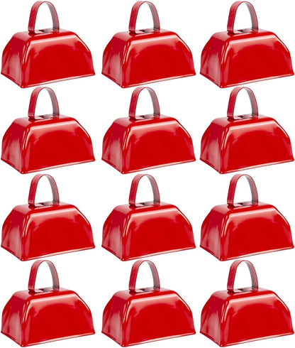 Cow Bells Noise Makers Red Cheering Bell for Sporting Events: 12 Pcs Metal Cowbells with Handle - Small Loud Bell Bulk Hand Percussion for Football Games Graduation Weddings-Red