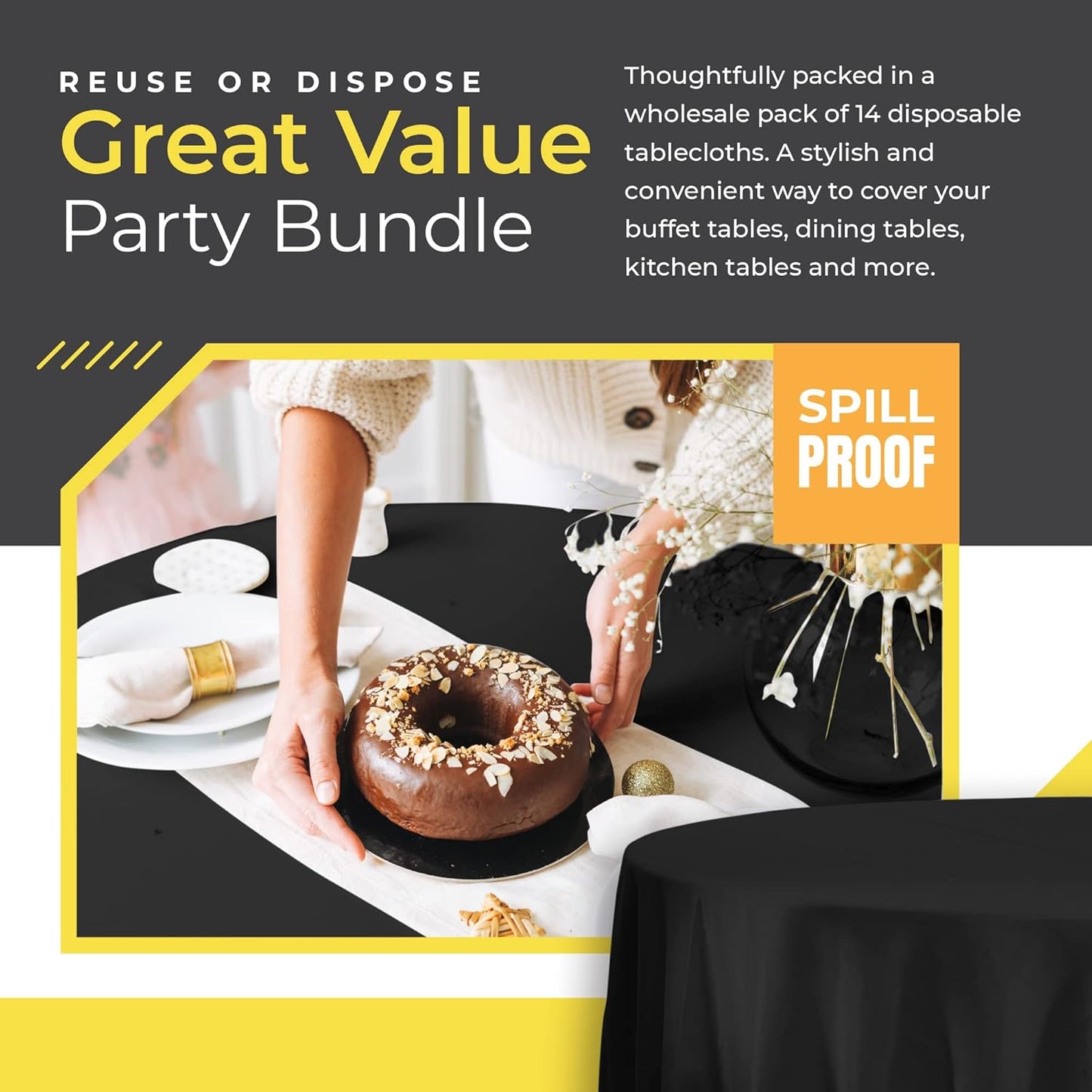 14 Pack Black 54 x 108 in. Rectangle Disposable Plastic Tablecloths - Smooth Decorative Covers for Parties, Weddings