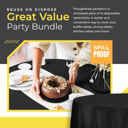 14 Pack Black 54 x 108 in. Rectangle Disposable Plastic Tablecloths - Smooth Decorative Covers for Parties, Weddings