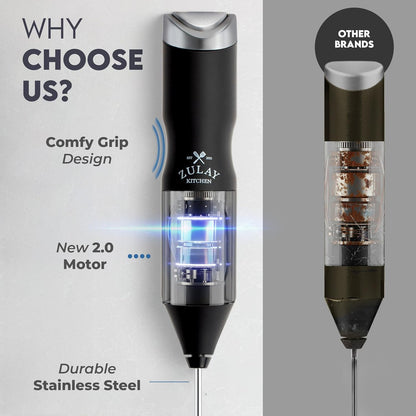 Zulay Kitchen Powerful Milk Frother AA Batteries Included – Ultra Fast Handheld Drink Mixer with Stainless Steel Whisk Stirrer for Coffee, Protein, Matcha & More, Frother Wand Electric Frothmate Black - Colors E