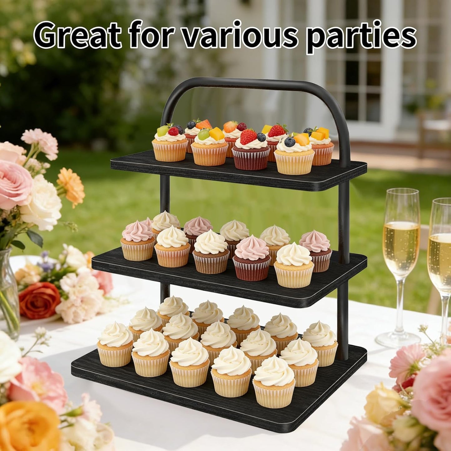 Cupcake Stand, 3 Tier Large Cupcake Stand Rustic Stepped Cupcake Display Stand Square Wood Dessert Table Display Set Cupcake Tower Tiered Tray Stand for Wedding Birthday Graduation