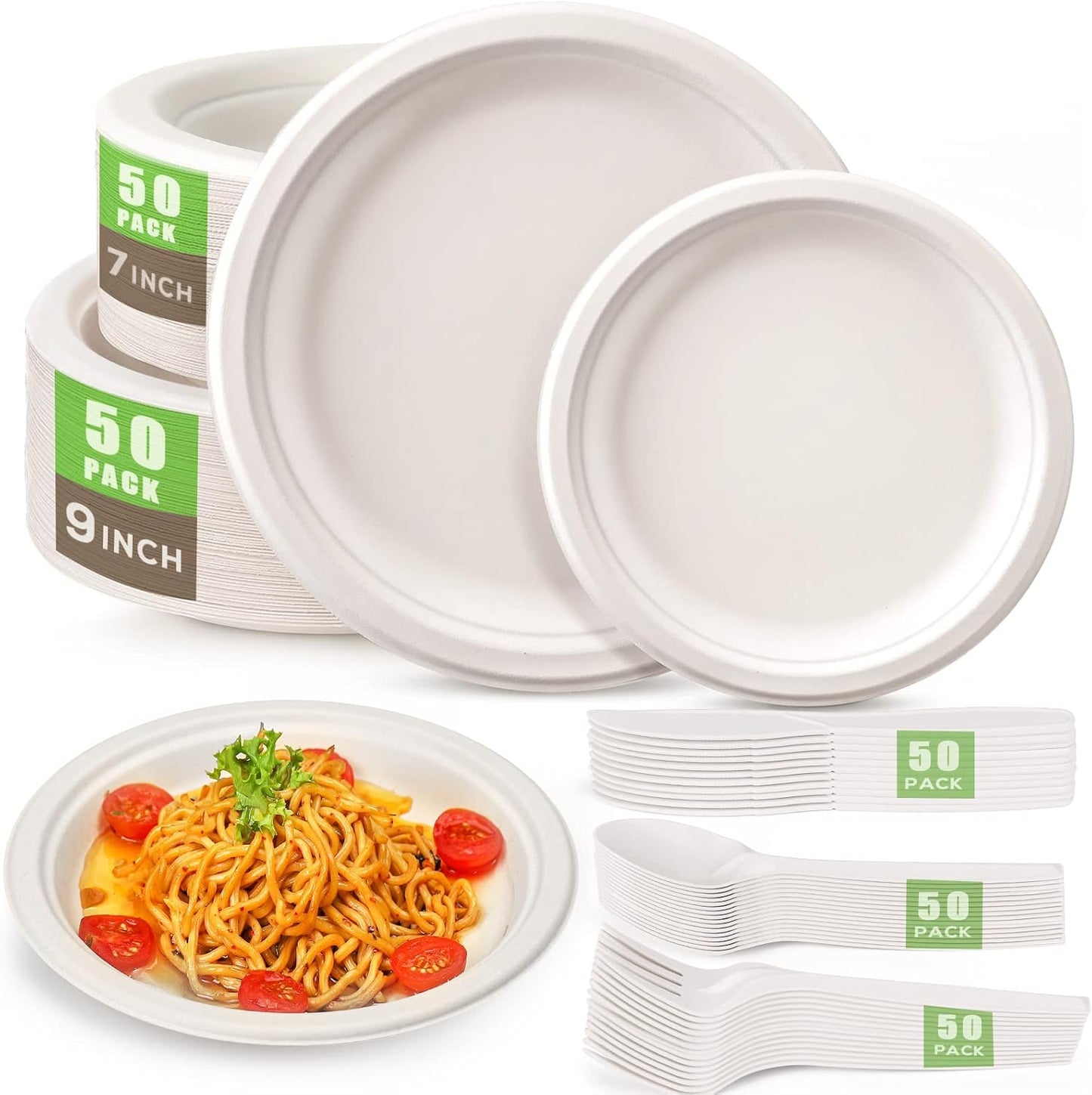 Gezond 250Pcs Disposable Paper Plates Set, Compostable Plate Sugarcane Utensils Eco Friendly Dinnerware Kit Includes 50 Biodegradable Plates, Forks, Knives and Spoons for Brithday Party Camping