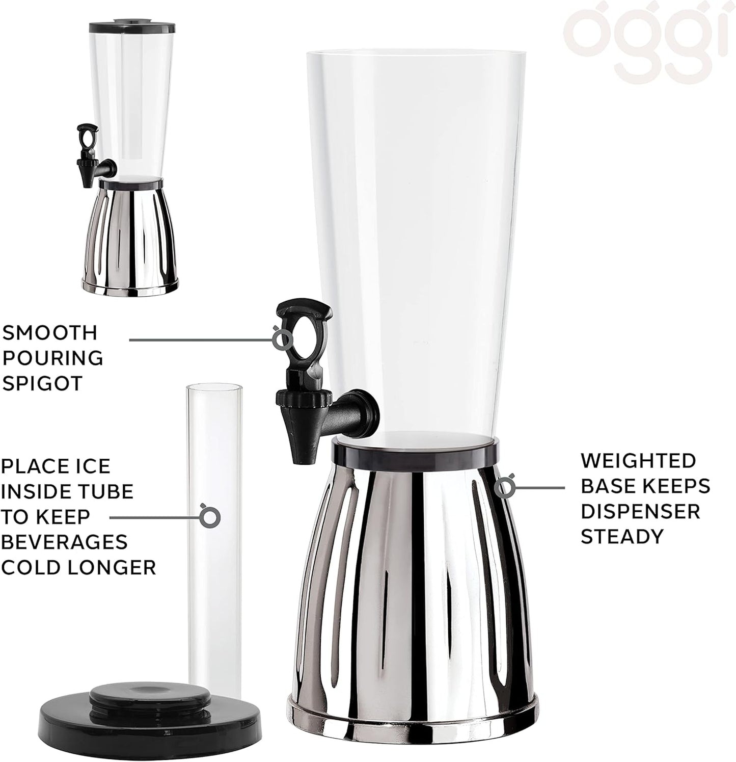 OGGI Beer Tower 88oz - Beverage Dispenser with Spigot & Ice Tube, Margarita Tower, Mimosa Tower, Perfect Drink Dispensers for Parties, Drink Tower, Holds 6 Pints of Beer – Stainless