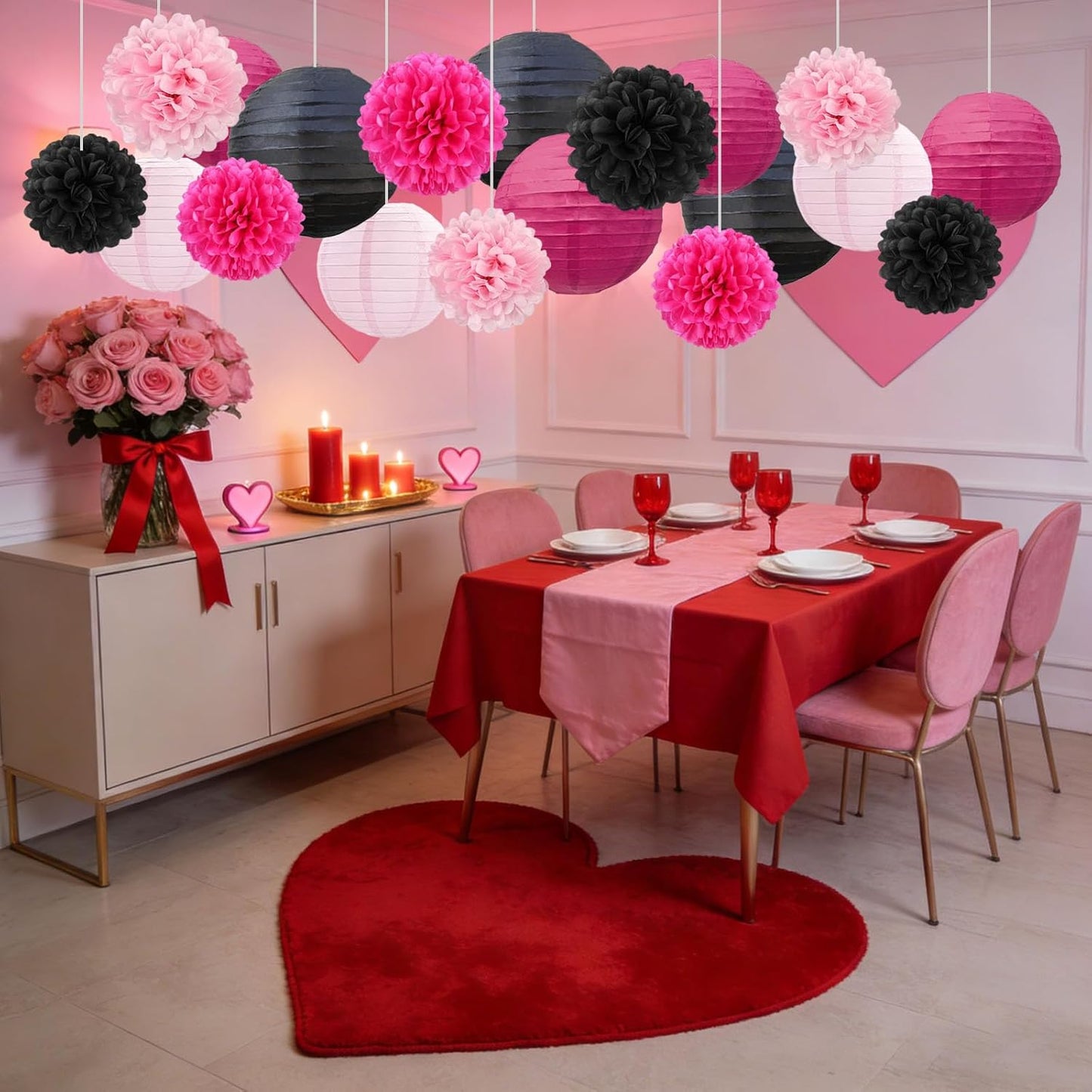 18 PCS Tissue Paper Pom Poms, Tissue Pom Poms Flowers, Sizes of 6", 10", 12", 14" Hanging Paper Flower Ball for Wedding, Birthday, Halloween, Christmas, Baby Shower Party Decor (Red Black Gold)