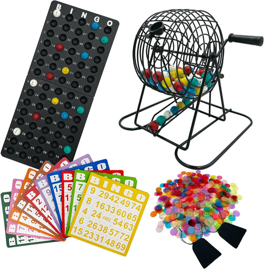 SUTIMSHE Deluxe Bingo Game Set,Bingo Set Includes Metal Cage,600 Mixed Color Plastic Chips,100 Large Cards,75 Bingo Balls,Plastic Masterboard, 2 Velvet Bag,Great for Adults Large Group and Parties