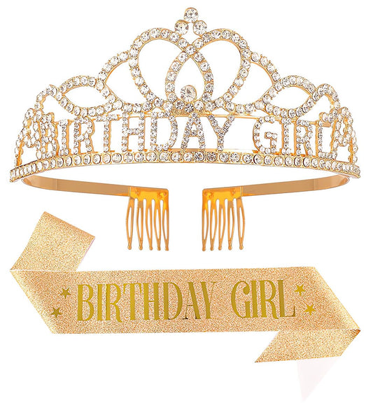 Birthday Tiara Crown with Sash for Women, Headband Hair Accessories for Wedding Party Costume