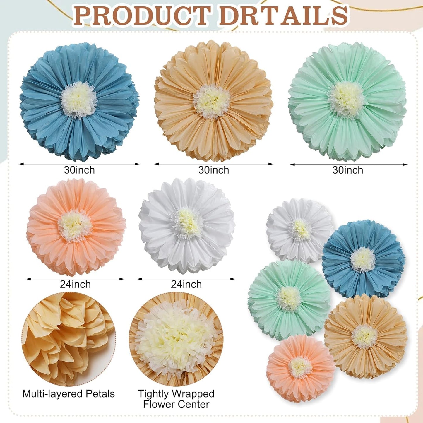 Chunful 5 Pcs 30'' 24'' Gaint Pastel Tissue Paper Flowers Decoration Large Hanging Tissue Paper Pom Poms Decor for Pastel Birthday Bachelorette Wedding Baby Shower Bridal Shower Easter Party Decor