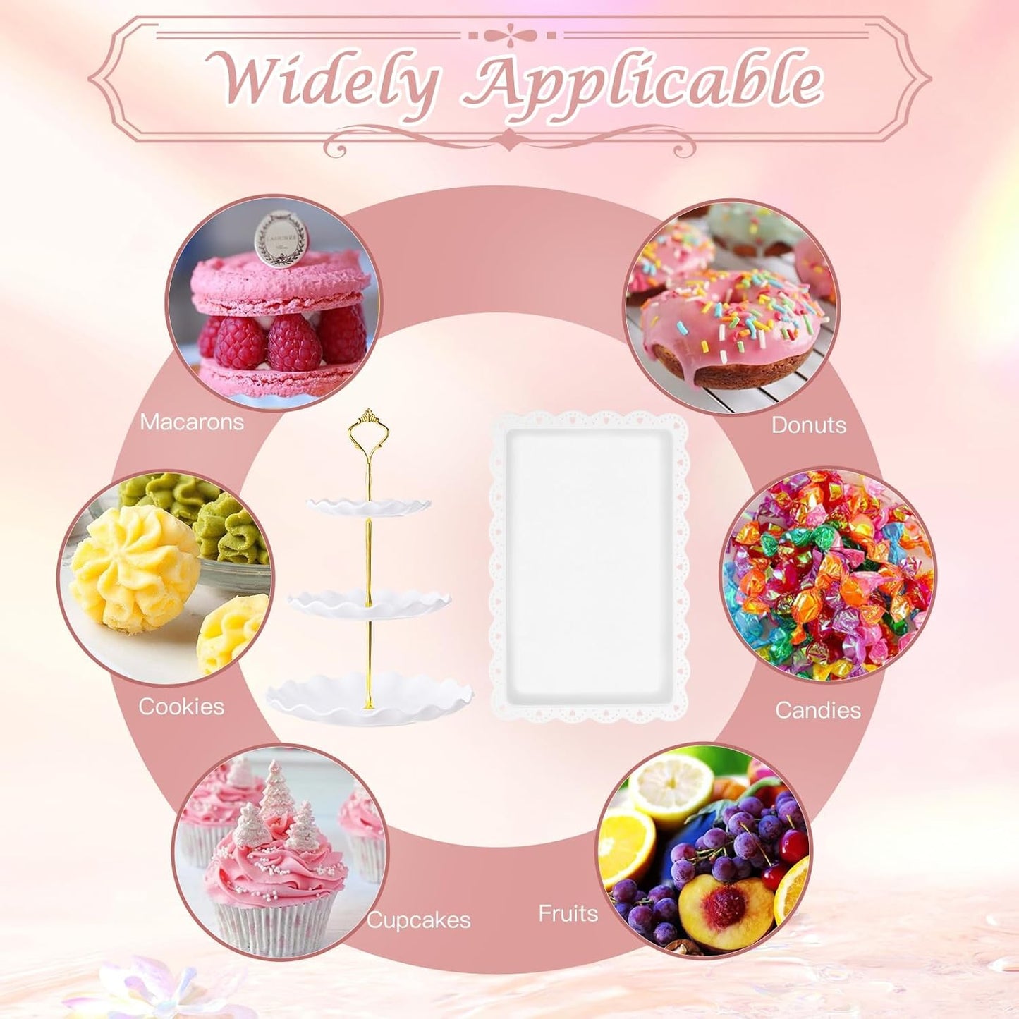 PinCute 5 Pcs Dessert Table Display Set - 2 X Cupcake Stand Holder/Cup Cake Tier Tower & 3 X Serving Tray Combo for Tea Party, Birthday, Baby Shower (Wave Square)