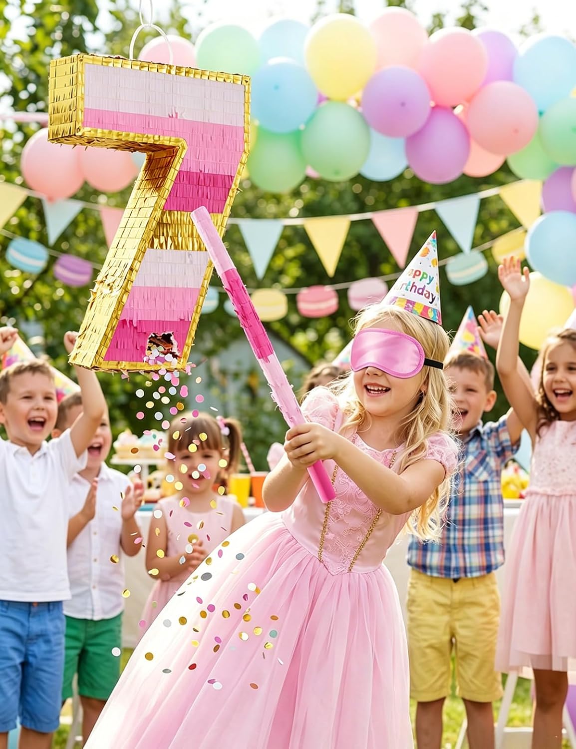 Number 5 Piñata with Stick, Blindfold & Confetti-Pink Piñata for Birthday Parties, Complete Party Game Set for Kids Girls-Gradient Pink Birthday Decor with Fillable Design(Small, 16.5 x 11.5 x 3 In)