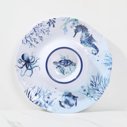 UPware Sea Life Melamine Chip and Dip Serving Tray, Round Serving Platter for Chips, Salsa, Fruit, and Snacks, Multicolor, 13.5 Inch