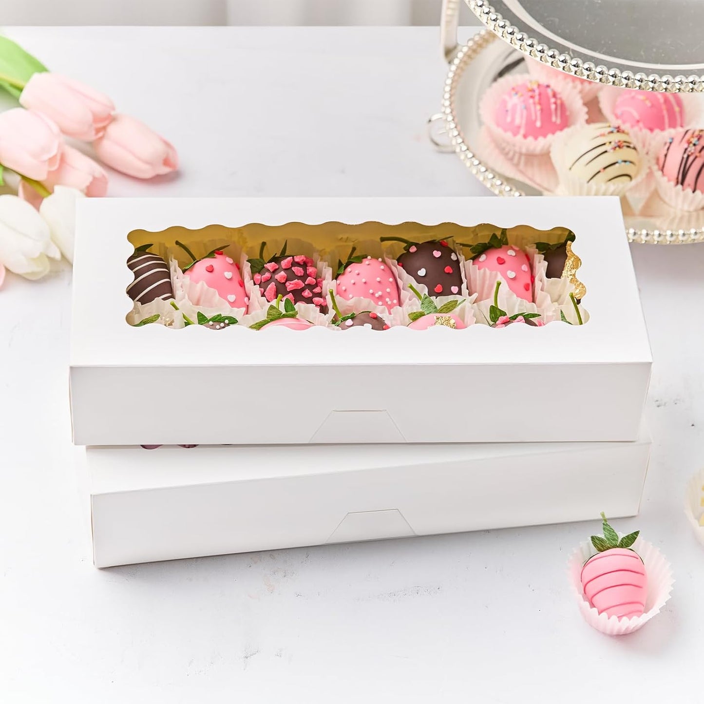Kucoele 20 PCS Cookie Boxes with Window, 12.5 x 5.5 x 2.5 Inches Bakery Boxes Auto-Popup Treat Boxes for Chocolate Covered Strawberries, Hot Cocoa Bombs, Pastries, Donuts, Muffins