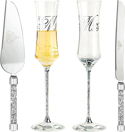 Wedding Cake Knife and Server Set, Wedding Cake Cutting Set with Mr and Champagne Flutes Glasses for Bride and Groom Gifts for Couples