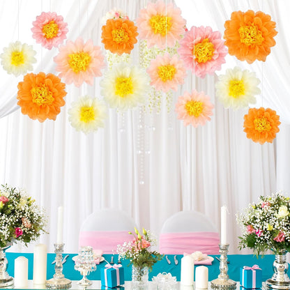 BestoFun 14 PCS Orange & Hot Pink Tissue Paper Flowers – Vibrant Party Decorations for Birthday, Baby Shower, Wedding, Fiesta, and Holiday Events
