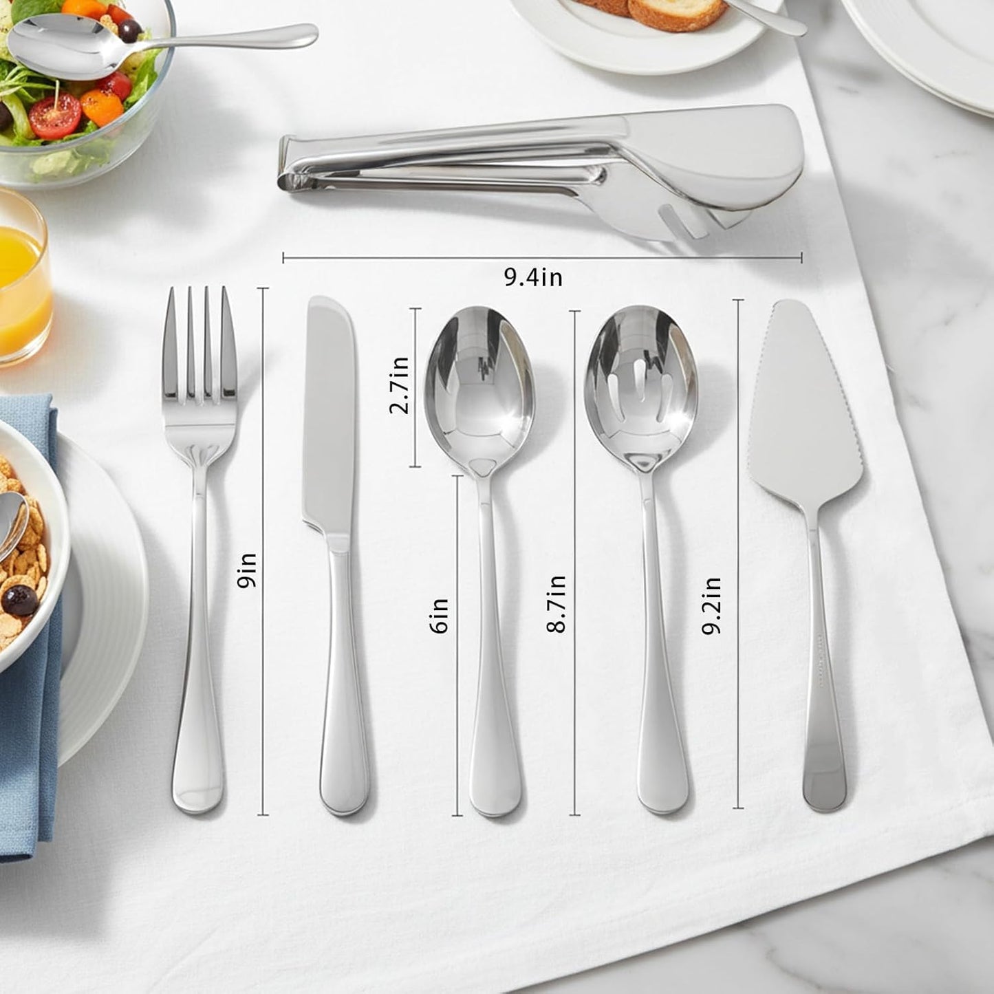 6 PCS Premium Stainless Steel Serving Utensils Set, Large Serving Spoons Slotted Spoons, Forks, Ice Tongs, Cake Server, Soup Ladle, Metal Flatware Set for Buffet Catering Banquet Home Party (Gold)