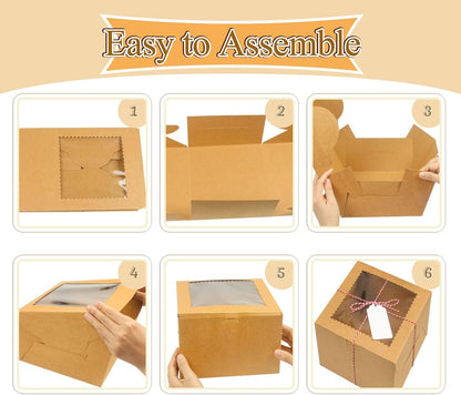20Pcs 8 Inch Cake Boxes with Window, 8x8x5 Inches Brown Bakery Boxes, Cake Carrier Container for Pastries, Pie, Cookies, Chocolates, Cupcakes, Birthday Party, Wedding