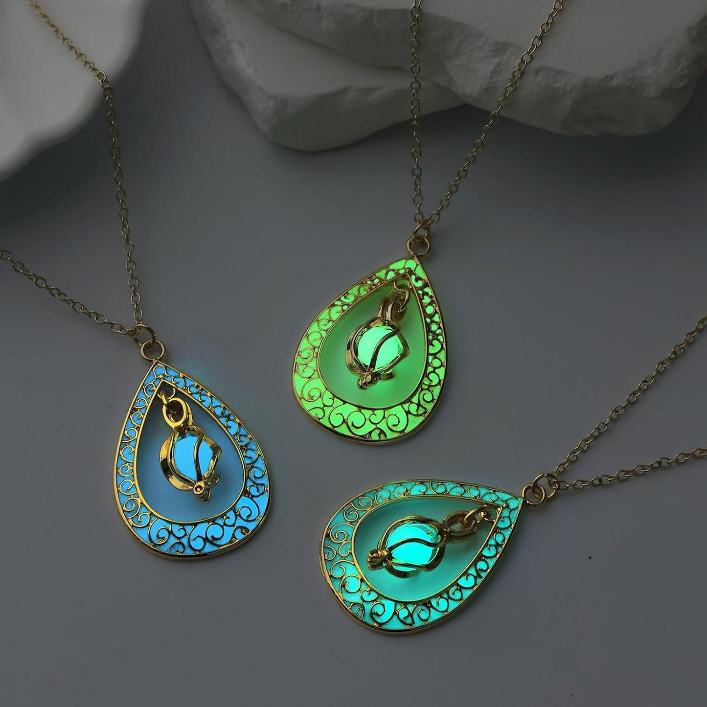 EEQQBZ Glow in The Dark Silver Teardrop shape necklace,Fantasy Glowing Jewelry Charm