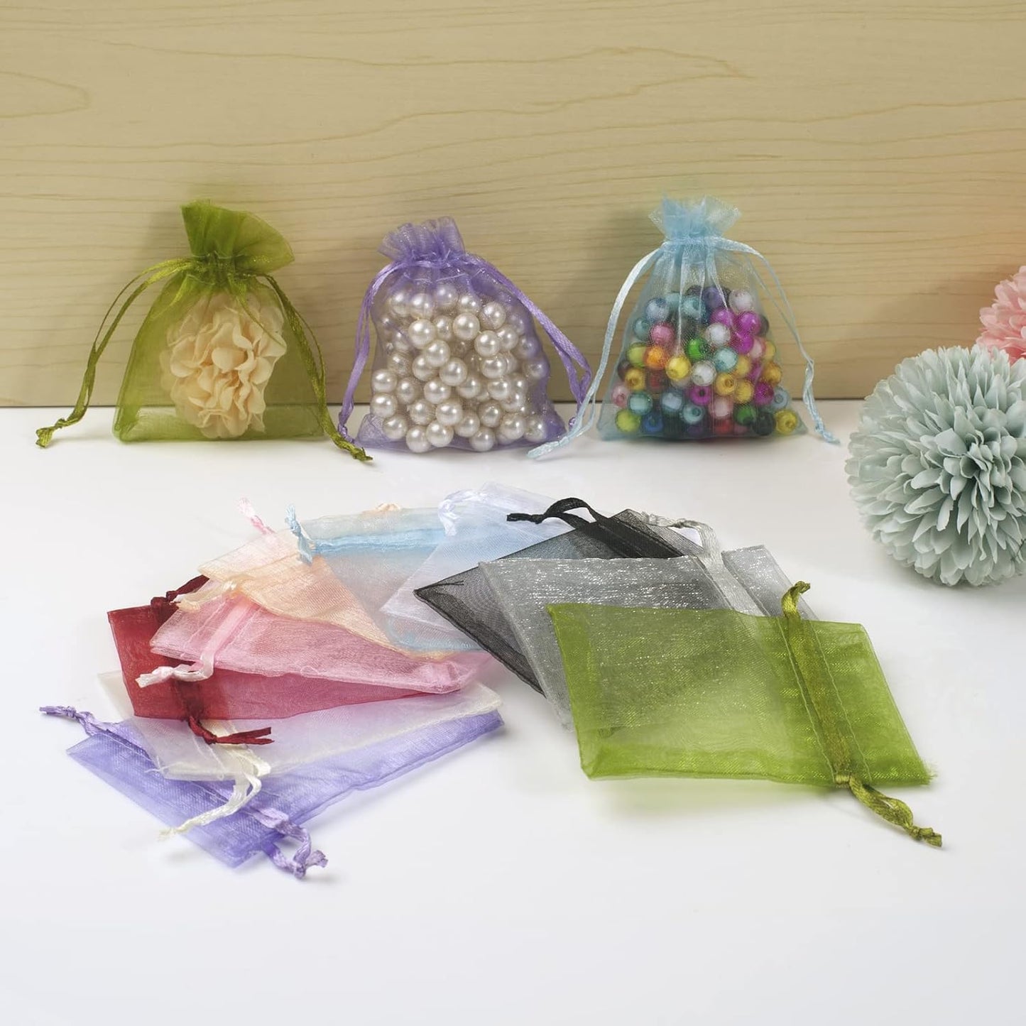 100pcs White Organza Bags 2x3 inch Sheer Drawstring Gift Bags Jewelry Pouches Wedding Party Christmas Favor Gift Bags, Little Mesh Gift Pouches Mini Candy Bags for Small Presents Earrings