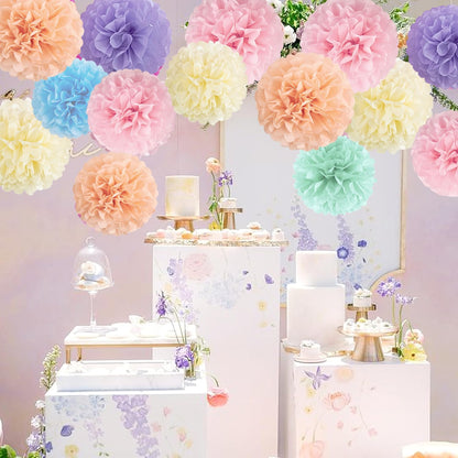 16PCS Pastel Paper Tissue Pom Poms Decoration Macaron Rainbow Candy Ice Cream Easter Paper Flower Balls Wall Hanging Decor for Birthday Wedding Spring Pastel Decoration