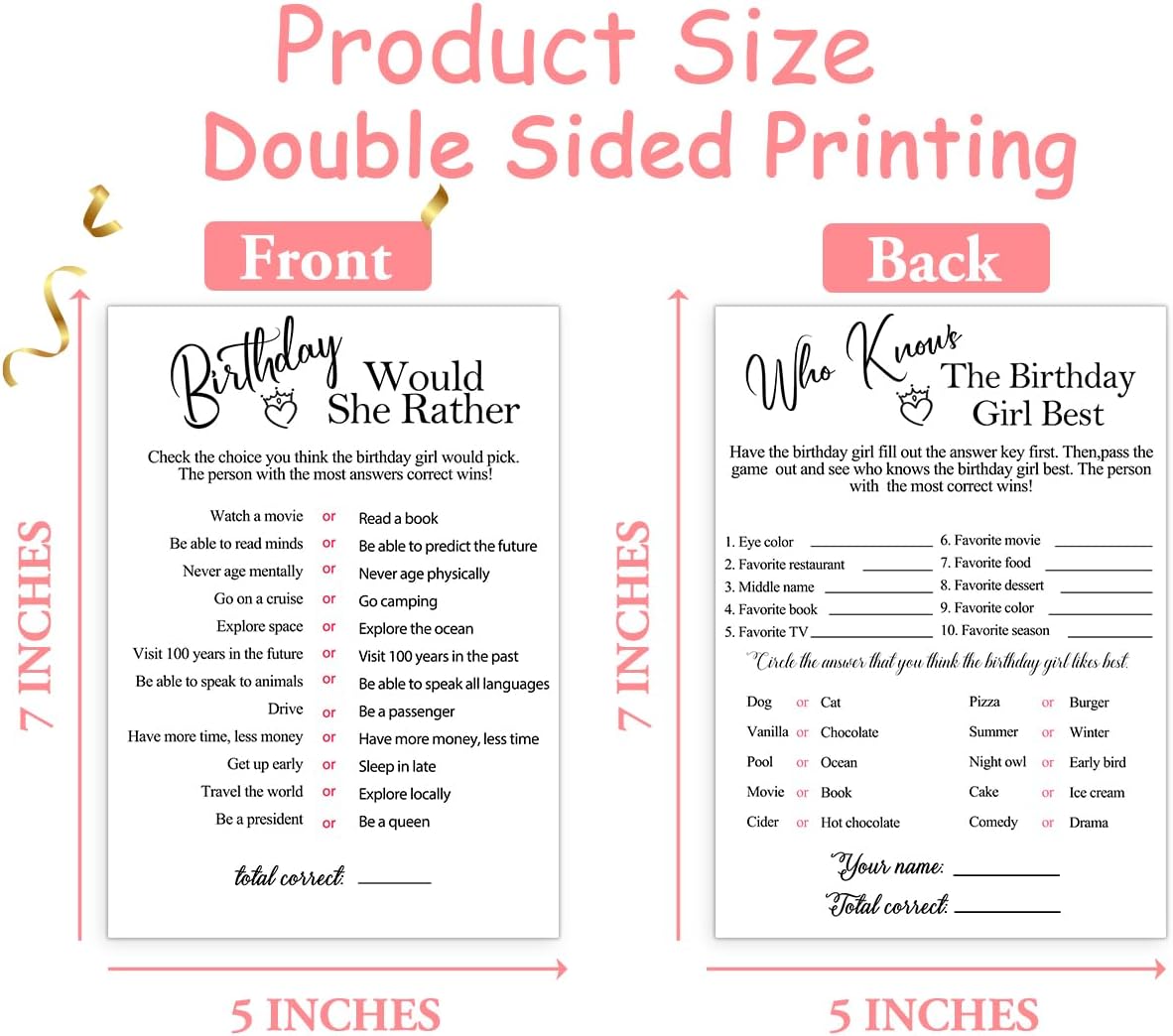 Birthday Party Cards for Girl, Birthday Games Card, Would She Rather Game Cards Set, Birthday Supplies Activity Decorations for Adult Girl, Set of 30 Game Cads