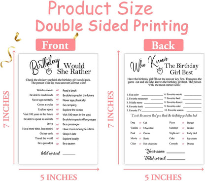 Birthday Party Cards for Girl, Birthday Games Card, Would She Rather Game Cards Set, Birthday Supplies Activity Decorations for Adult Girl, Set of 30 Game Cads