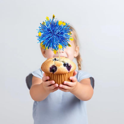 Ephlyn 30Pcs Foil Firework Cupcake Toppers Sparkle Tinsel Cupcake Picks Drink Stirrers Cocktail Food Fruit Toothpicks for Baby Shower Graduation Party Supplies White