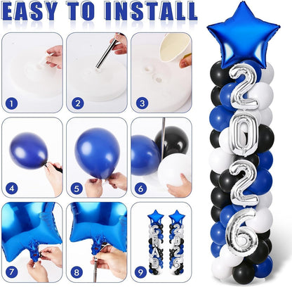 2 Sets Graduation Balloon Column Stand Kits with Balloons 2026 Grad Themed Decoration Navy Blue Balloon Tower Stand Kit for Grad High School & College Celebration Party Decor