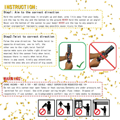 12" Black Gold Confetti Cannon Party Poppers for Birthday Graduation Wedding Retirement New Year Celebrations - Easy to Use, Pack of 2