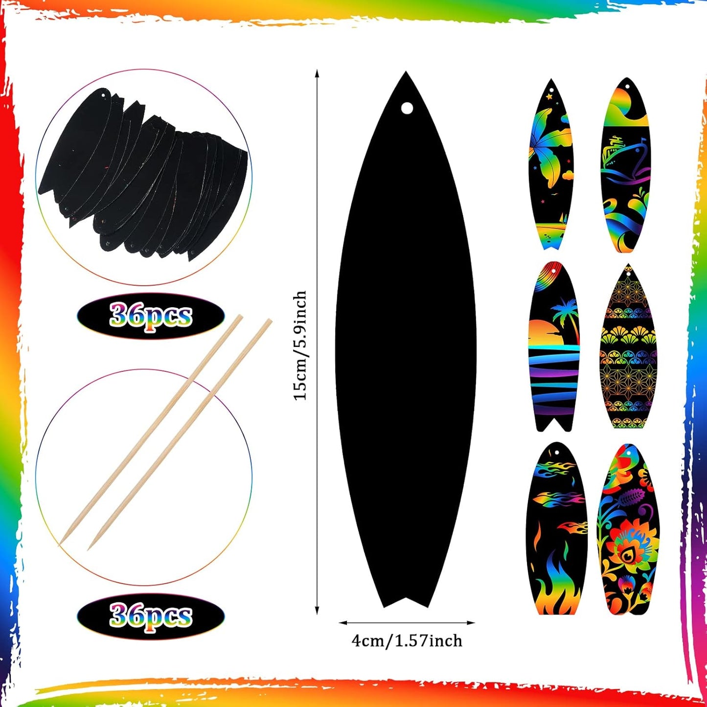 Libima 36 Pcs Summer Surfboard Scratch Cards Rainbow Art Paper for Ornament Mini Surfboard Card Decor Scratch Bookmarks Beach Party Favor DIY Classroom Birthday Gift, 6 Styles