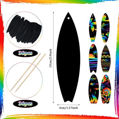 Libima 36 Pcs Summer Surfboard Scratch Cards Rainbow Art Paper for Ornament Mini Surfboard Card Decor Scratch Bookmarks Beach Party Favor DIY Classroom Birthday Gift, 6 Styles