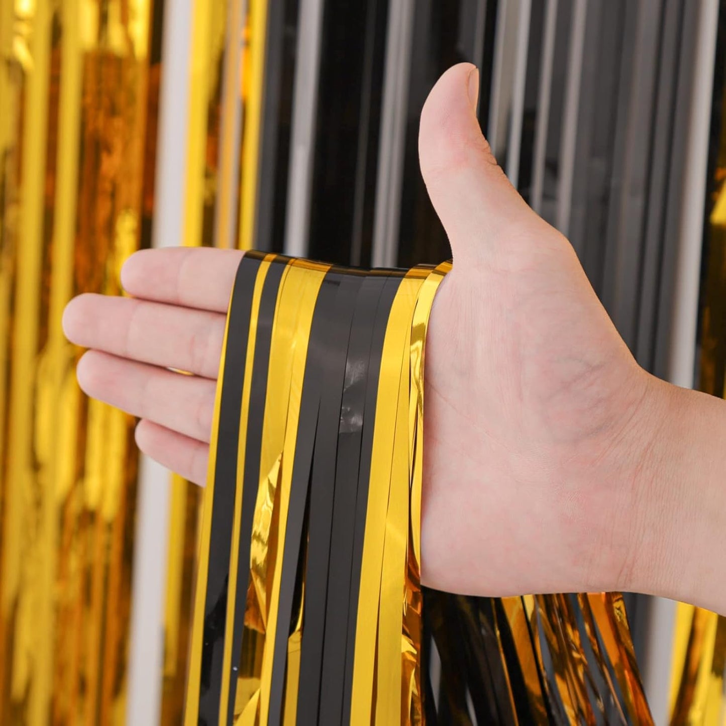 Voircoloria 3 Pack 3.3x8.2 Feet Gold Foil Fringe Backdrop Curtains, Tinsel Streamers, Fringe Backdrop for 2025 New Years Eve, Graduation, Birthday, Baby Shower, Gender Reveal, Disco Party - Colors A