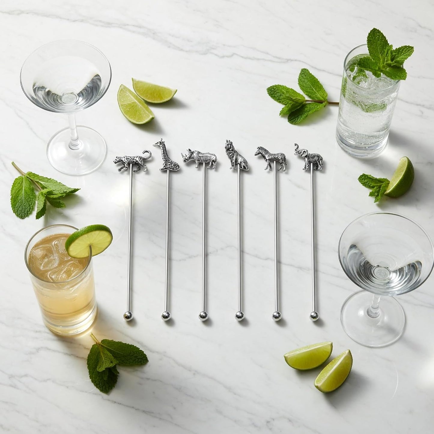 Homestia 7.5" Stainless Steel Cocktail Stirrers with Cute Animal Design, Set of 6 Reusable Swizzle Sticks for Coffee, Martini, Drinks - Dishwasher Safe Metal Bar Tools Stir Sticks