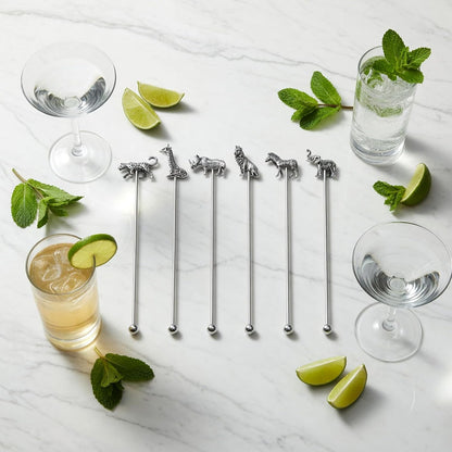 Homestia 7.5" Stainless Steel Cocktail Stirrers with Cute Animal Design, Set of 6 Reusable Swizzle Sticks for Coffee, Martini, Drinks - Dishwasher Safe Metal Bar Tools Stir Sticks
