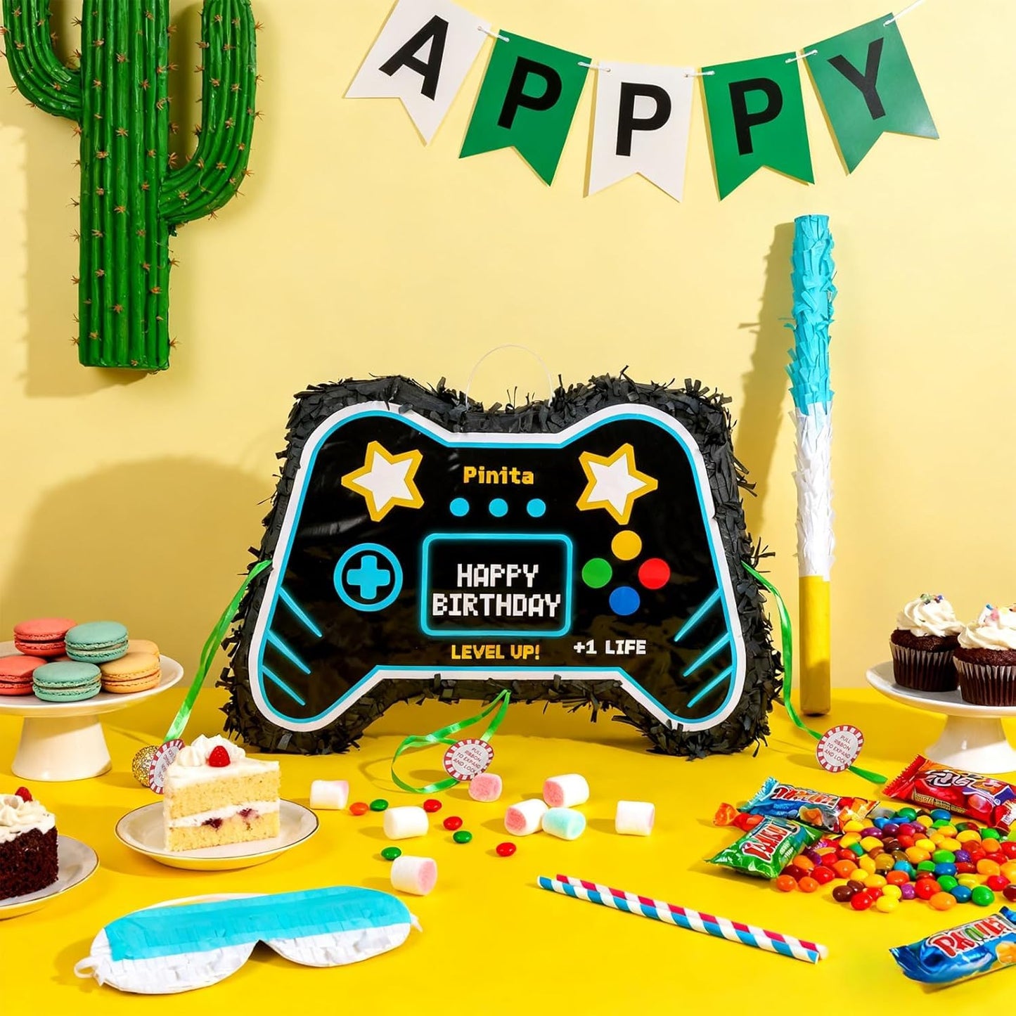Video Game Piñata, Party Supplies Piñata with Blindfold and Bat Gaming Theme Piñatas for Kids Birthday Party Decorations (Blue)