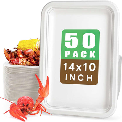 Gezond 50 Pack 14 Inch Disposable Food Trays Eco-friendly Heavy-Duty Large Paper Plates Compostable Sugarcane Platters for Crawfish Lobster Seafood Party Natural