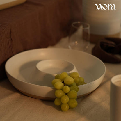 Mora Ceramic Chips and Dip Serving Tray: Large Divided Party Bowl Set for Chips & Salsa, Veggies & Dip, Fruit, Snacks, Entertaining, Hosting, etc. Minimalist Design for the Modern Hostess - White