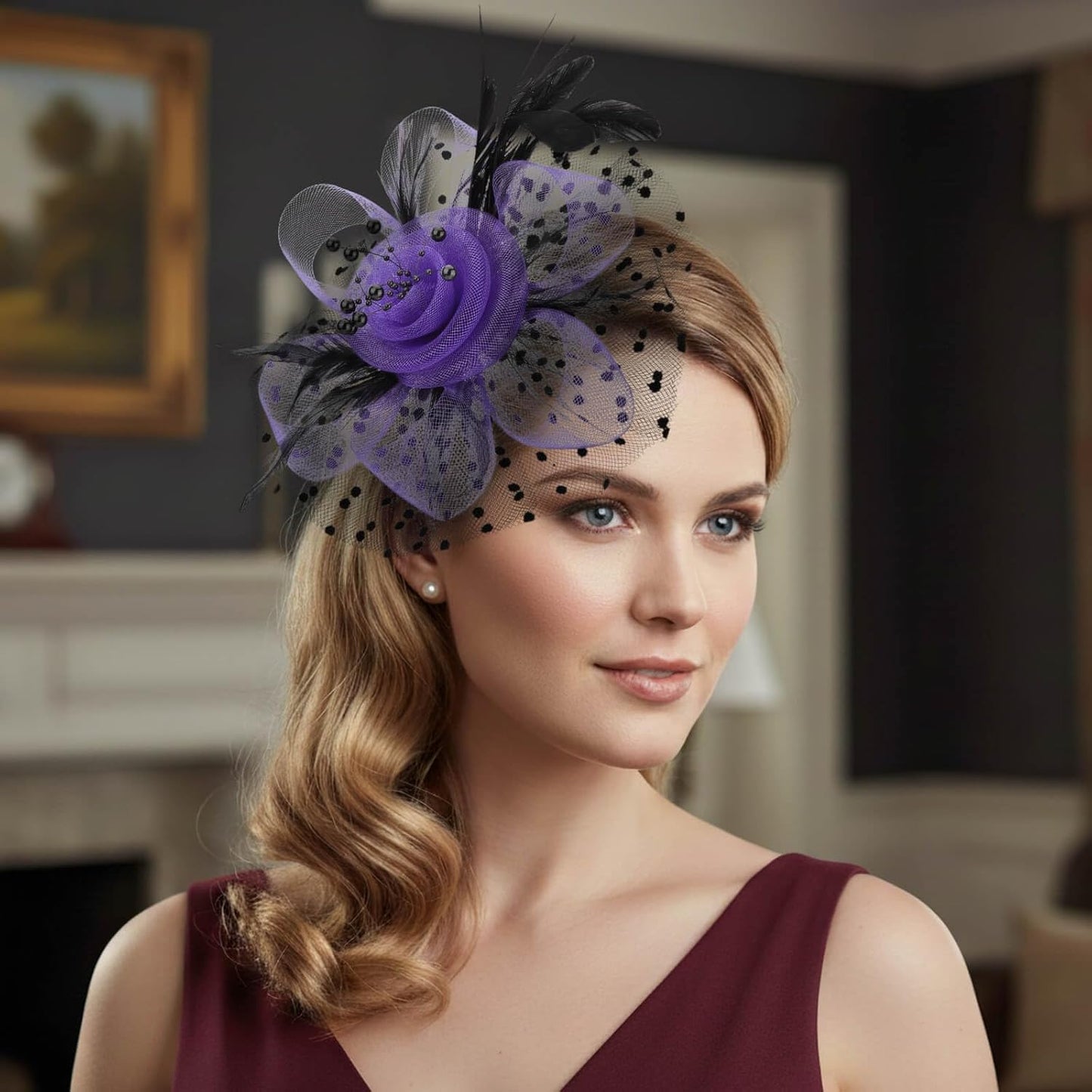 DRESHOW Fascinators Hat Flower Mesh Ribbons Feathers on a Headband and a Clip Tea Party Headwear for Girls and Women - Colors B