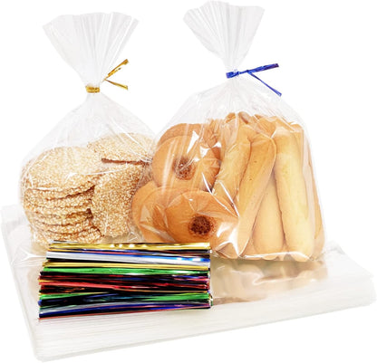 XLSFPY 100PCS Clear Cellophane Bags, 5x7 Small Treat Bags with Ties, Cake Pop Bags, Candy Bags, Goodie Bags, Rice Crispy Treat Bags, Clear Bags for Favors Birthday Party (5'' x 7'')