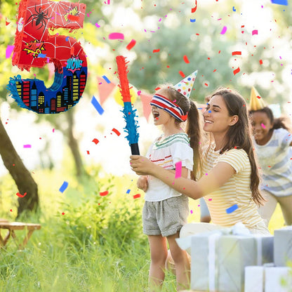 Number 4 Spider Pinata Bundle with 16 Inch Piñata Stick Blindfold Confetti for Hero Birthday Party Decoration Anniversary Celebration Gift Spider Party Favors for Kids, 16 x 11.6 x 2.4 Inch