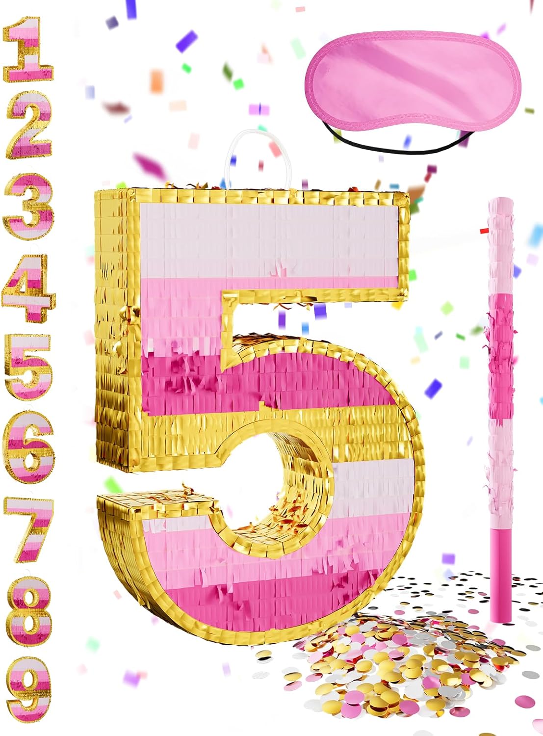 Number 5 Piñata with Stick, Blindfold & Confetti-Pink Piñata for Birthday Parties, Complete Party Game Set for Kids Girls-Gradient Pink Birthday Decor with Fillable Design(Small, 16.5 x 11.5 x 3 In)
