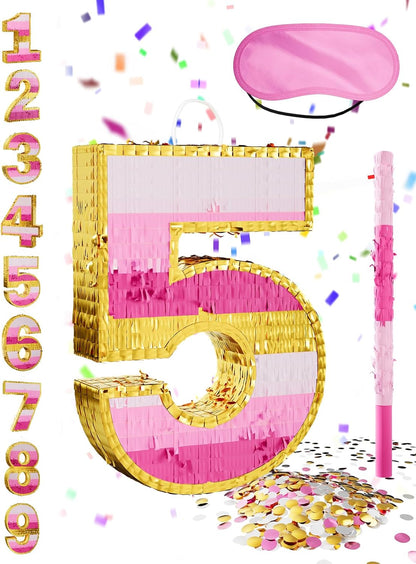 Number 5 Piñata with Stick, Blindfold & Confetti-Pink Piñata for Birthday Parties, Complete Party Game Set for Kids Girls-Gradient Pink Birthday Decor with Fillable Design(Small, 16.5 x 11.5 x 3 In)
