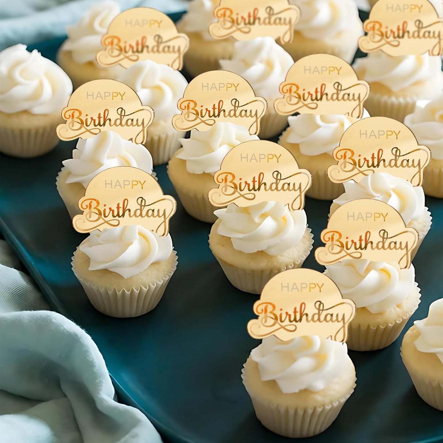 20pcs Gold Mirror Acrylic Happy Birthday Cupcake Toppers Round Engraved Cake Picks Happy Birthday Cake Toppers for DIY Birthday Gift Flower Bouquet Pastries Desserts Decor
