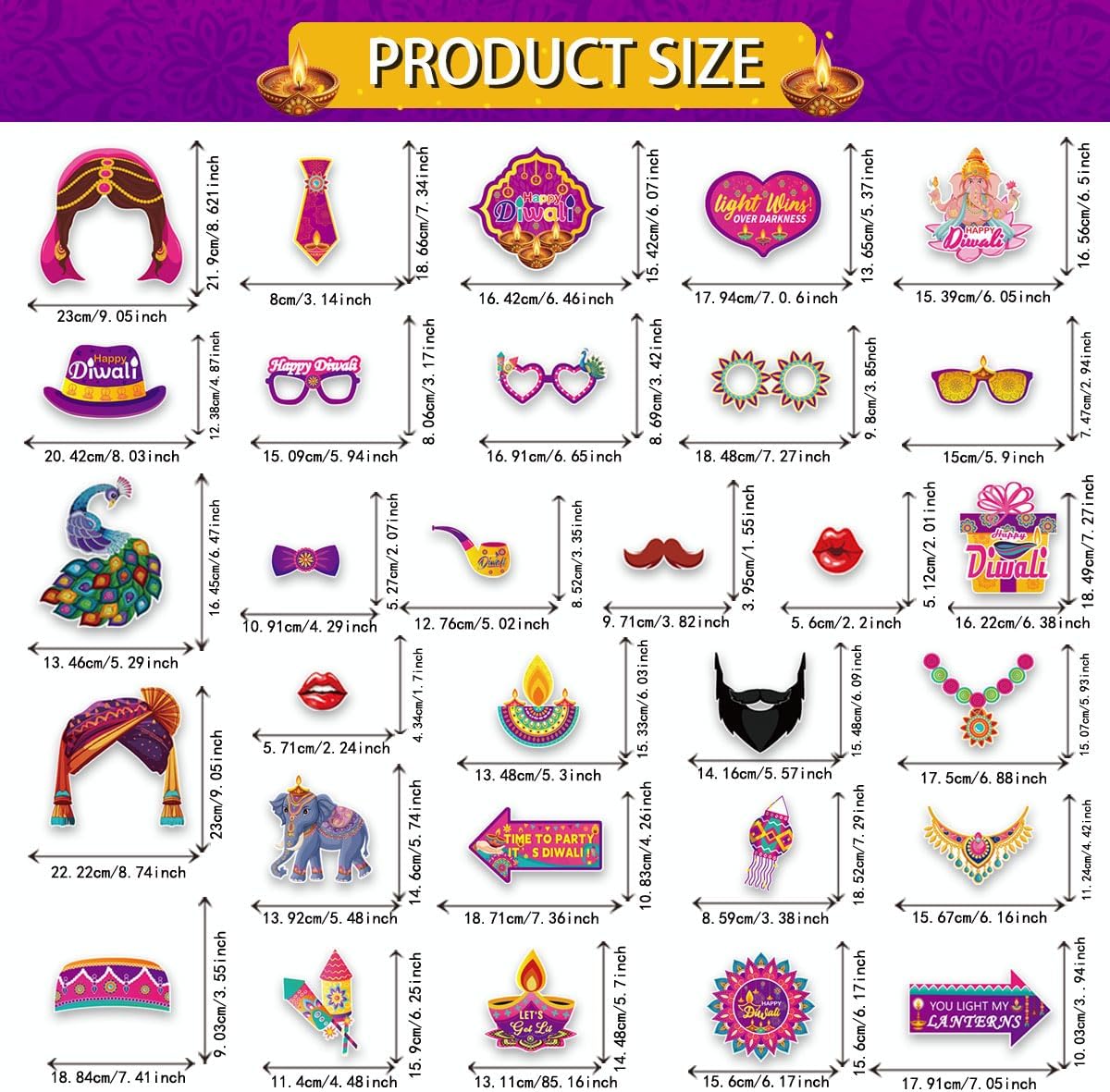 KYMY Happy Diwali Party Photo Booth Props Set, 1pc Deepavali Rangoli Selfie Frame with 20pcs Photo Booth Props, India Festival of Lights Party Favors for Hindu Diwali Themed Decorations Supplies