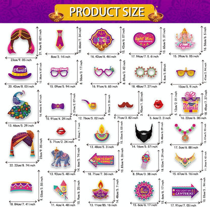 KYMY Happy Diwali Party Photo Booth Props Set, 1pc Deepavali Rangoli Selfie Frame with 20pcs Photo Booth Props, India Festival of Lights Party Favors for Hindu Diwali Themed Decorations Supplies