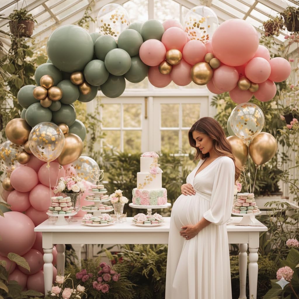 Sage Green and Dusty Pink Balloons, Retro Pink Muted Green White Gold Baby in Bloom Balloons for Girls Women Floral Fairy Wildflower Camping Birthday Woodland Baby Shower Garden Tea Party Decorations