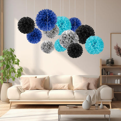 18 PCS Tissue Paper Pom Poms, Tissue Pom Poms Flowers, Sizes of 6", 10", 12", 14" Hanging Paper Flower Ball for Wedding, Birthday, Halloween, Christmas, Baby Shower Party Decor (Red Black Gold)