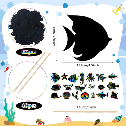 Liliful 80 Pcs Ocean Animals Scratch Cards Sea Crafts for DIY Ocean Party Scratch Card Summer Card Under the Sea Party Favors for DIY Crafts Home Decoration Project, 20 Styles
