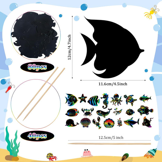 Liliful 80 Pcs Ocean Animals Scratch Cards Sea Crafts for DIY Ocean Party Scratch Card Summer Card Under the Sea Party Favors for DIY Crafts Home Decoration Project, 20 Styles