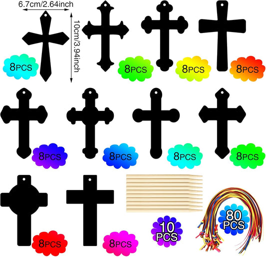 Chivao 80 Pcs Scratch Cross Ornaments Rainbow Color Craft Kit DIY Scratch Art Paper Christian Gifts Sunday Paper Craft Kits with Wood Sticks Ribbons