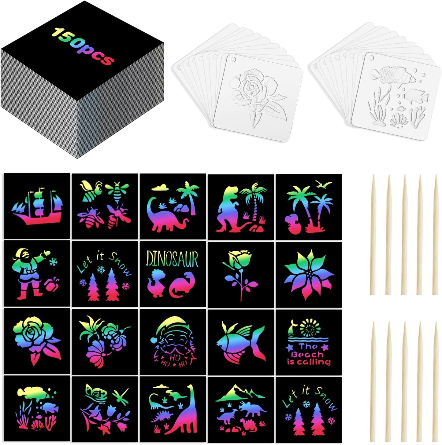 Eommmgl-180 Rainbow Scratch Paper Set,Scratch Art for 4-12 Kids, Mini Notes Arts and Craft Supplies,Matching Random Personalized Stencils ，Christmas Gift，School Classroom Activities, Travel Carrying.